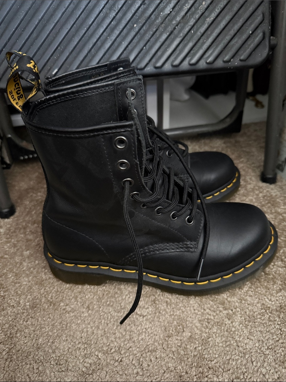 Dr. Martens Black Leather Lace-Up Combat Boots with Yellow Stitching